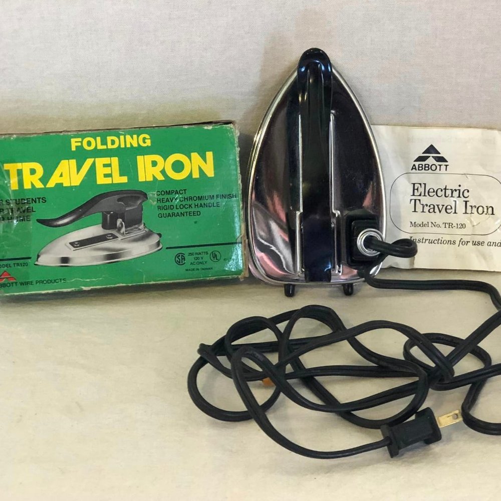 Vintage Abbott Folding Travel Iron W/ Instructions & Original Box